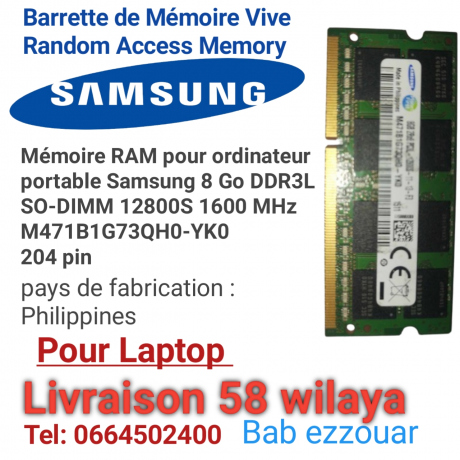 Mémoire RAM pour ordinateur portable Samsung 8 Go DDR3L SO-DIMM 12800S 1600 MHz M471B1G73QH0-YK0